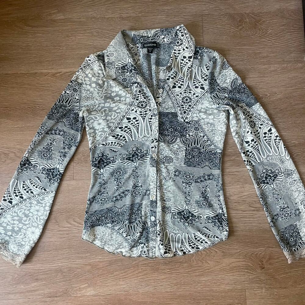 Vintage BEBE Y2K Mesh Blouse S-M Top Boho Paisley Stretch Clubwear Made in USA